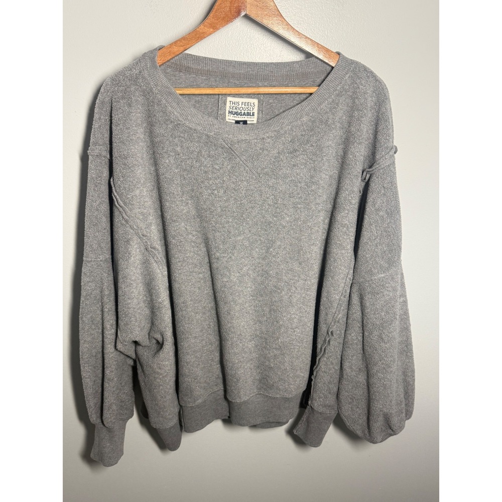 American Eagle Seriously Huggable Grey Fleece Sweatshirt Balloon Sleeve Large